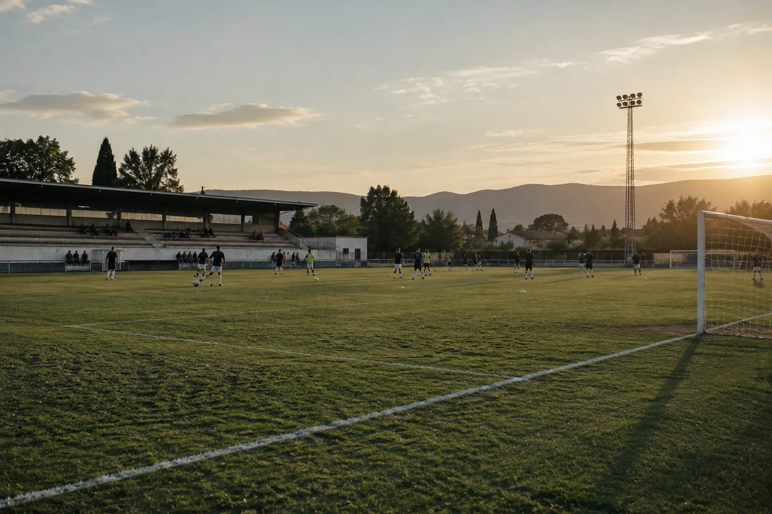 Jugadores calentando en un campo de fútbol antes de un encuentro.
